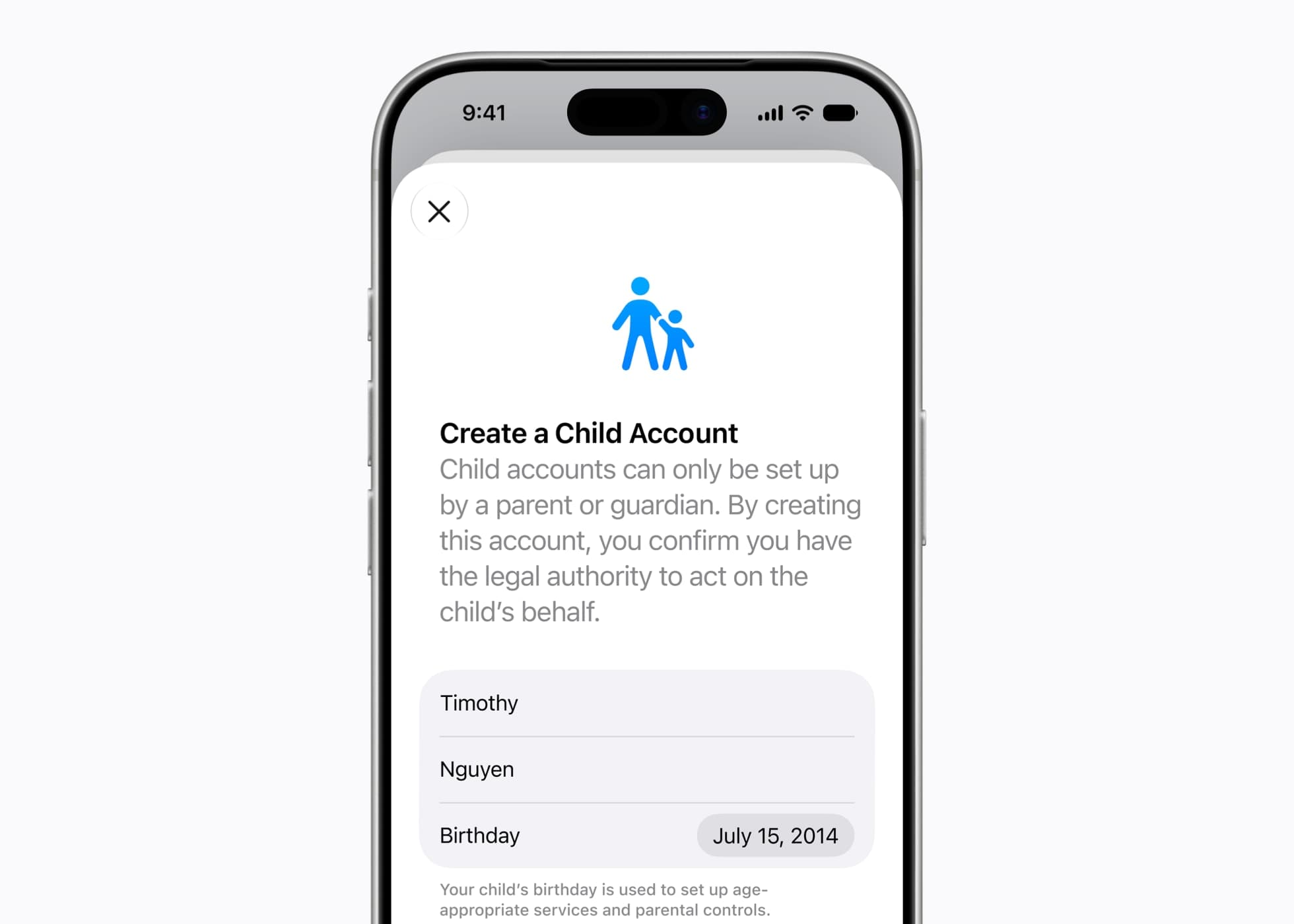 The Create a Child Account screen on iPhone asking for the child's name and birthday