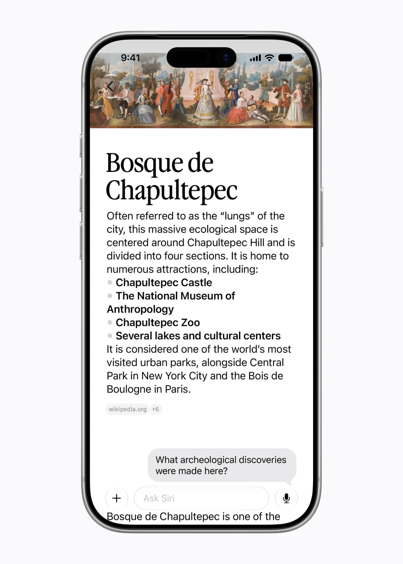 The Siri app on iPhone answering a question about a park in Mexico City, with its web sources listed