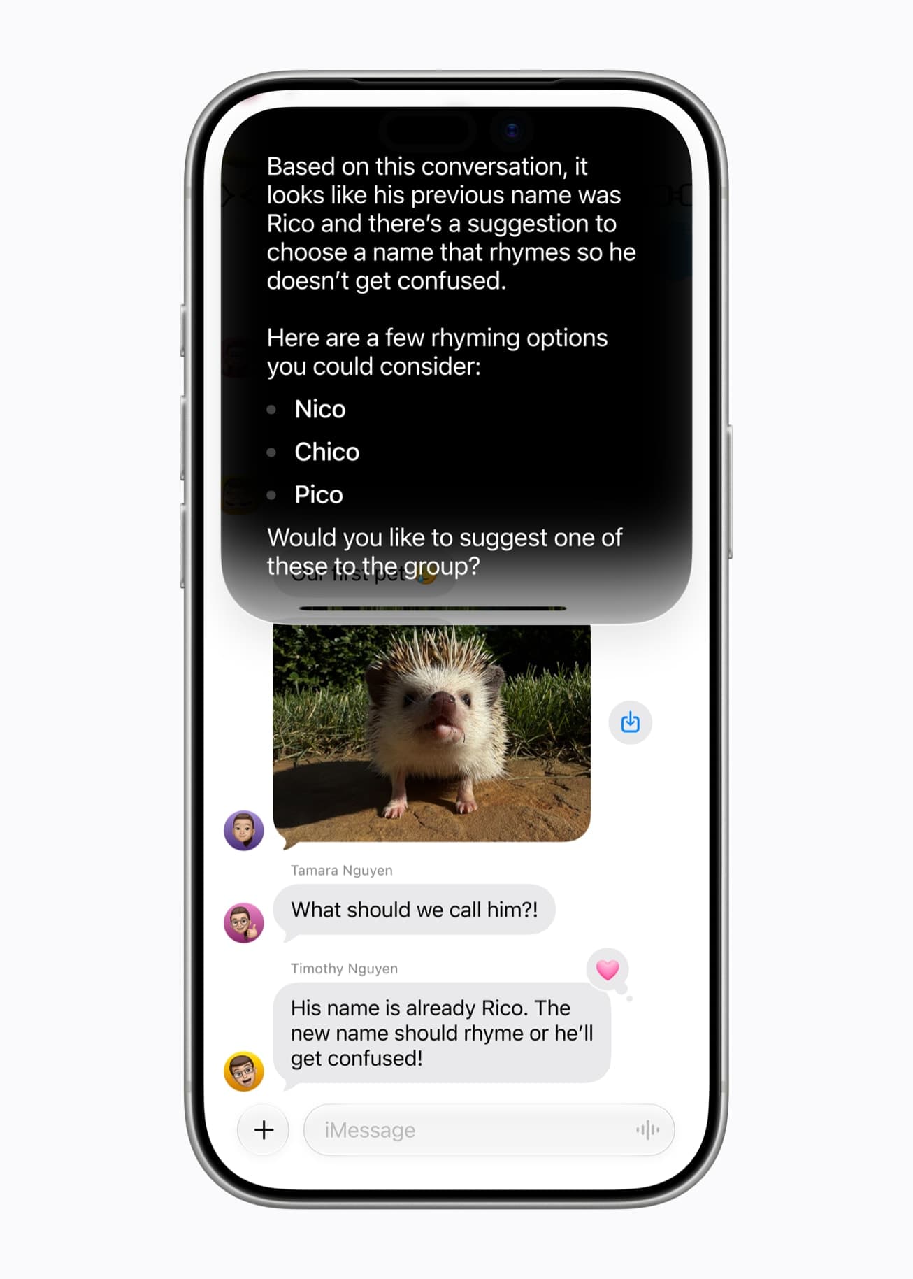 An iPhone showing Siri AI suggesting names based on a group conversation in Messages