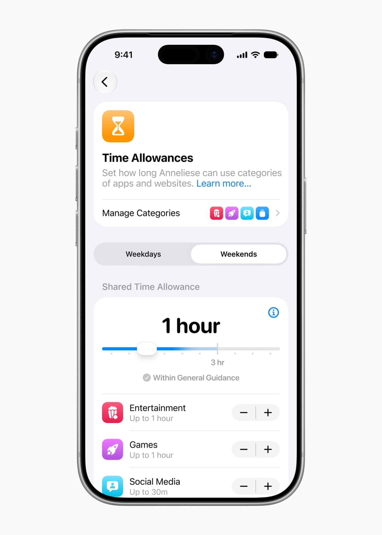 The Time Allowances screen with daily limits for Entertainment, Games and Social Media apps