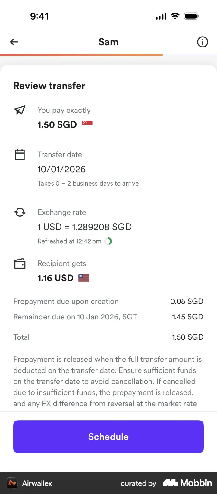 Airwallex: Exchange rate and arrival date spelled out.