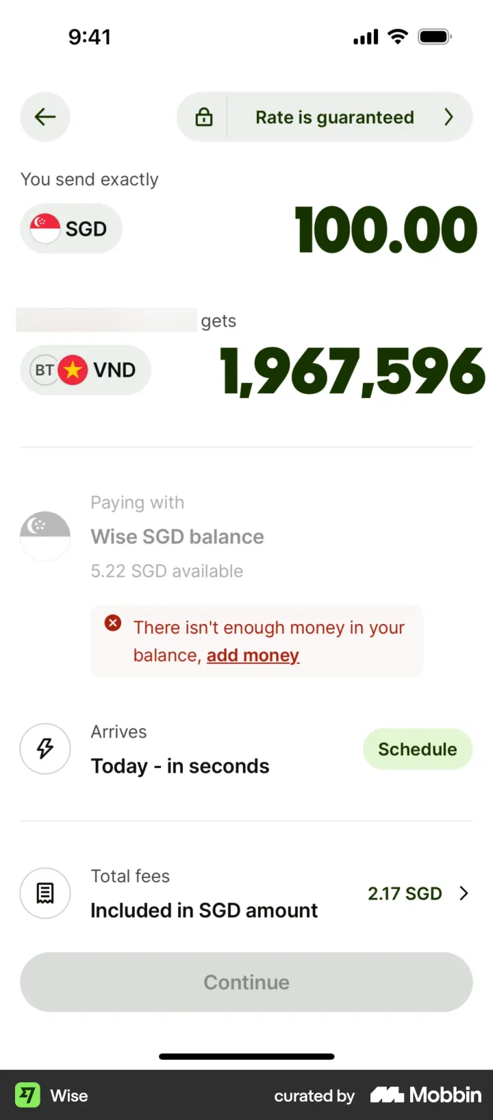 Wise: Amount, fees and arrival time on one screen.
