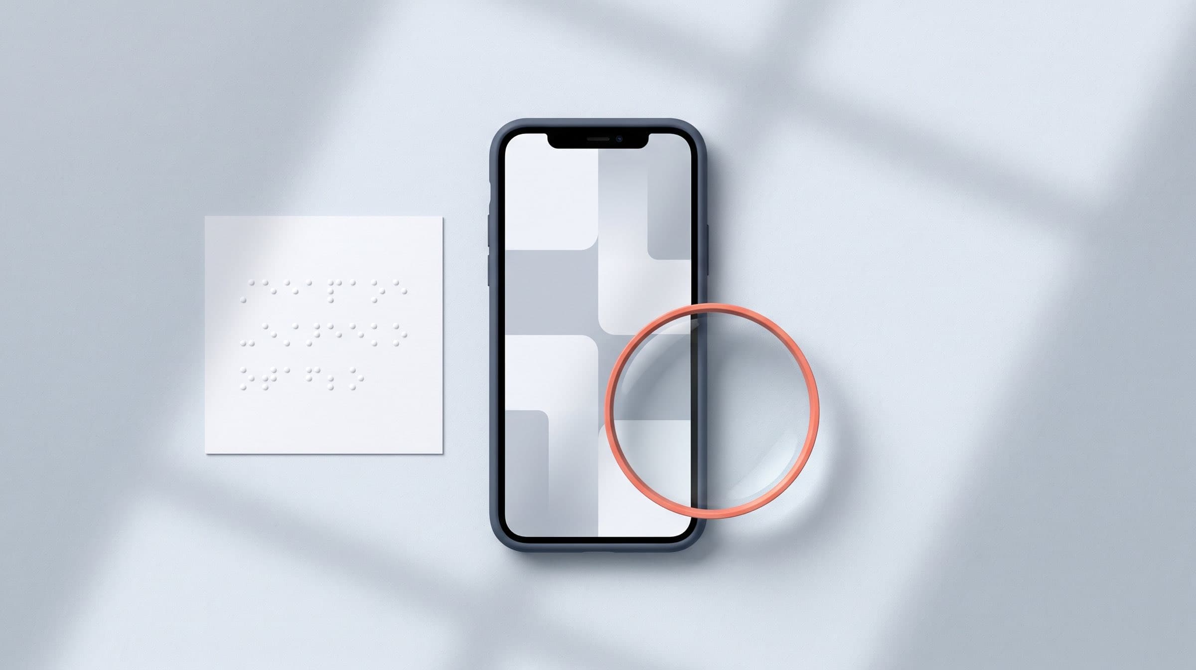A phone in a navy case on grey paper with a coral-rimmed magnifying lens over its screen, beside a white card embossed with braille
