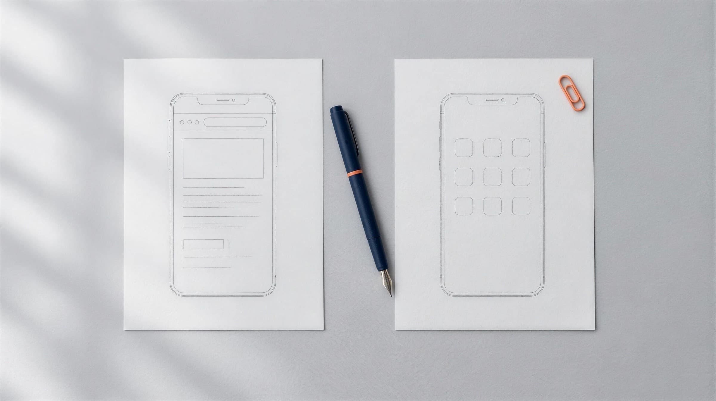 Two pencil sketches of a phone on white paper, one drawn as a browser window and one as a grid of app icons, with a navy pen between them