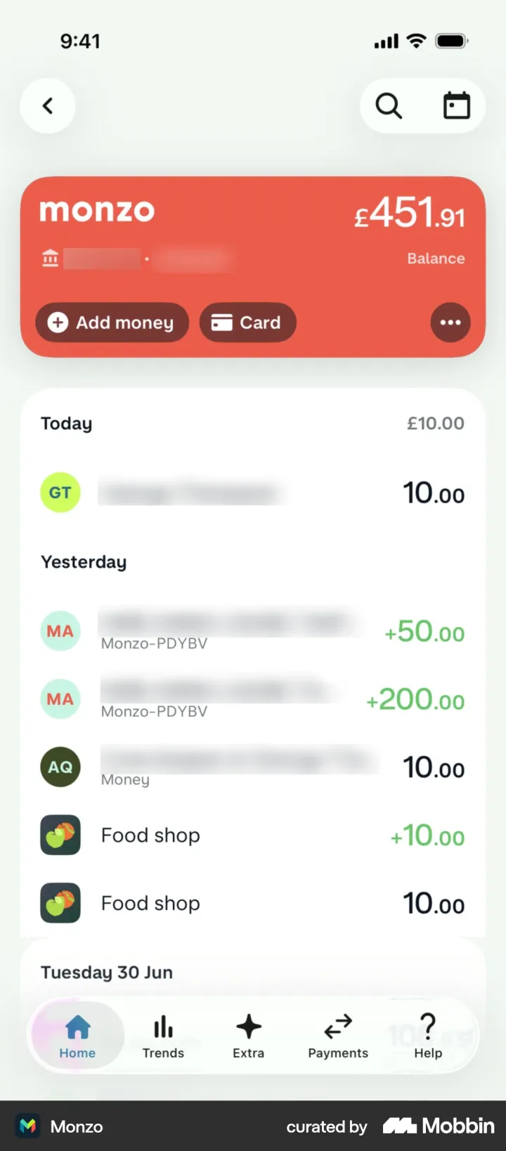 Monzo: Home and balance