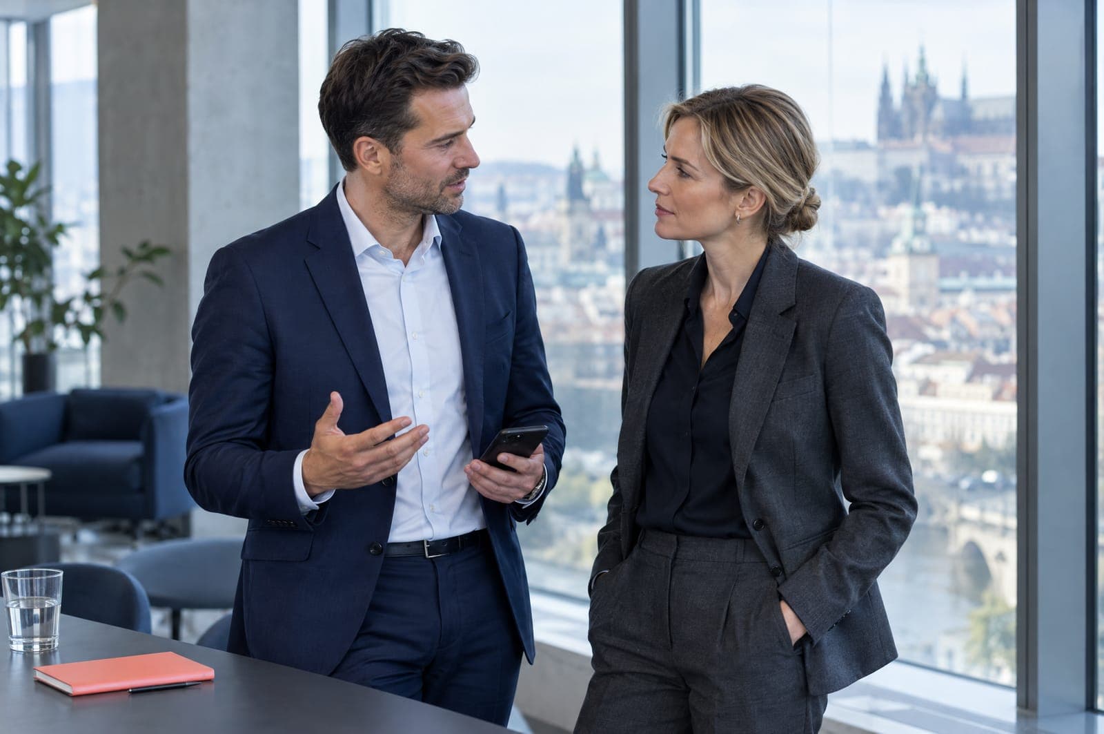 Two colleagues in suits talk by an office window above Prague; he holds a phone.