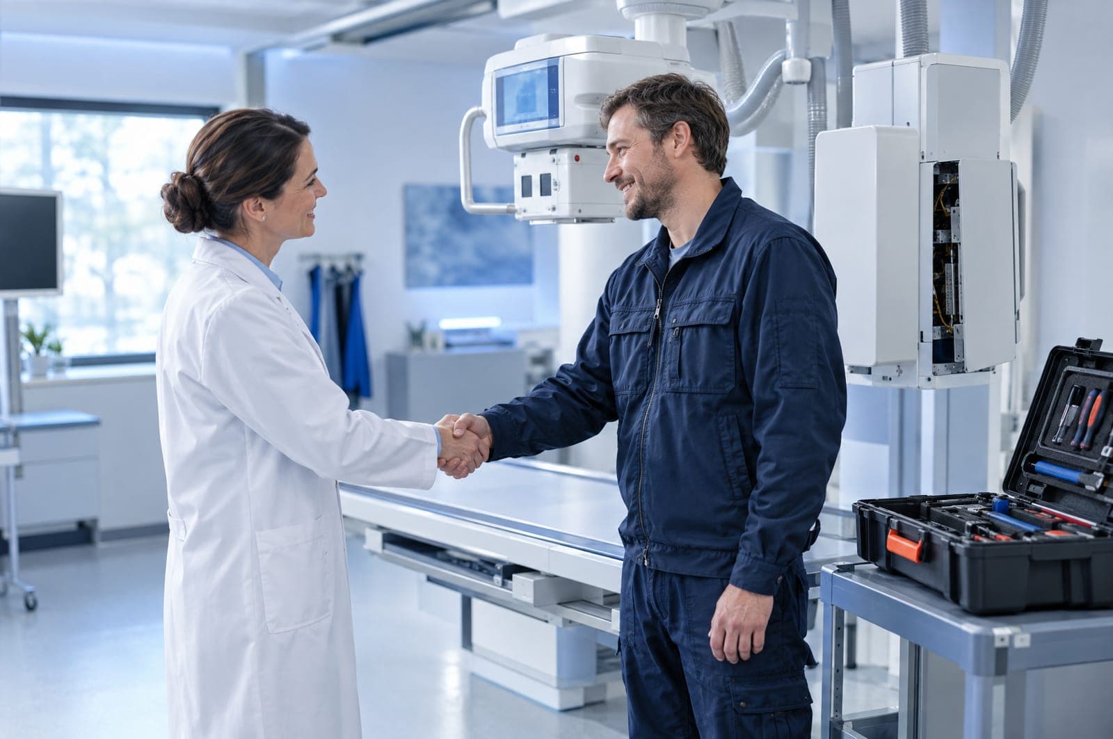 A doctor shakes hands with the service engineer who has just repaired the X-ray machine.
