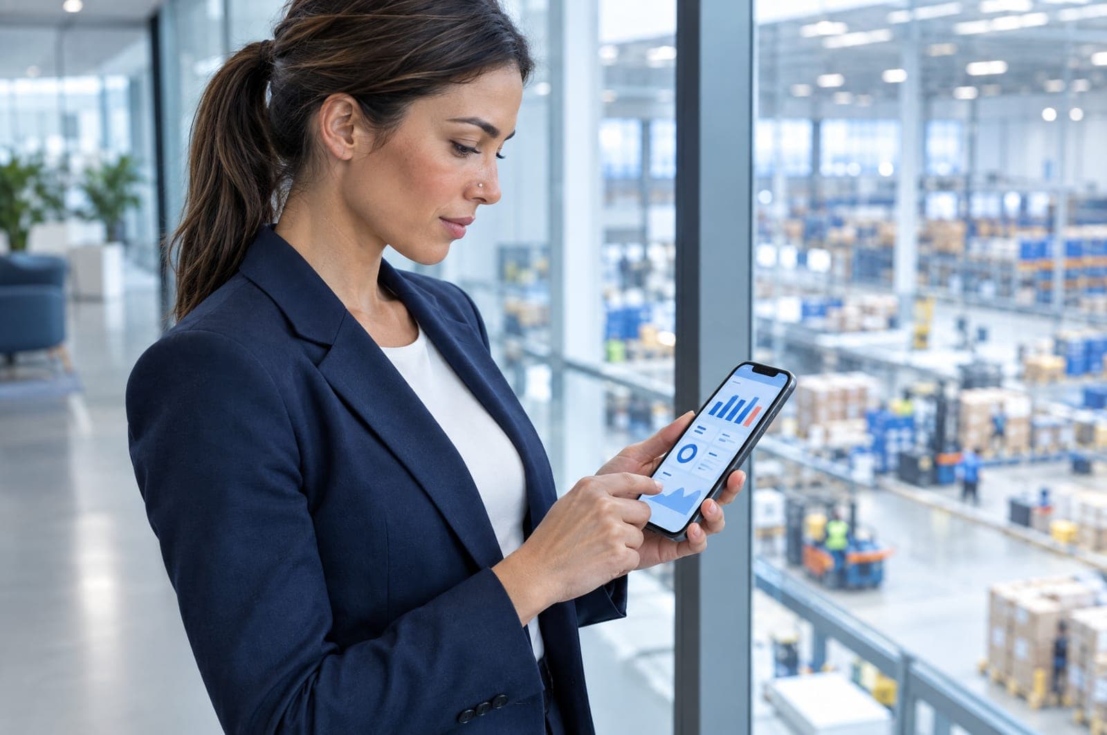 An operations manager checks a dashboard on her phone above a warehouse floor.